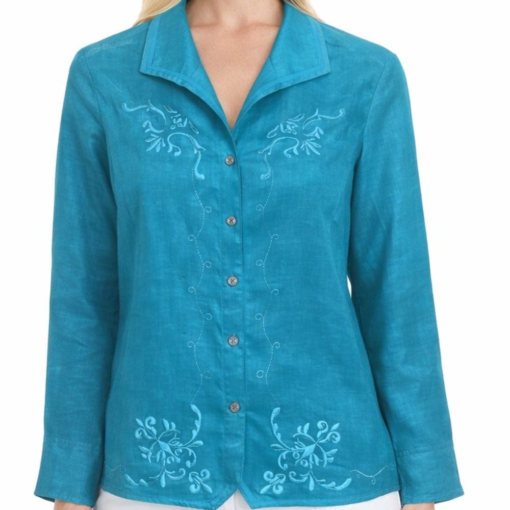 Valerie Stevens Embroidered Linen Button Down Top NWOT